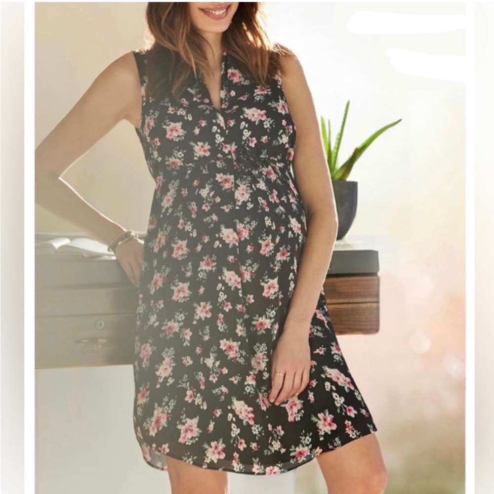 Stork & Babe Printed Sleeveless Box Pleat Maternity Dress, Black Floral Peach